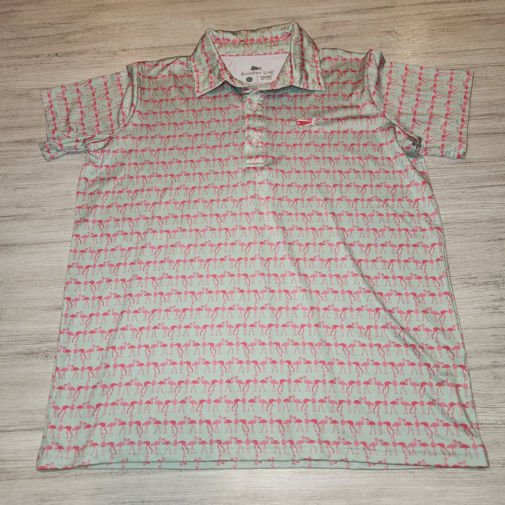 Southern Lure Short Sleeve Polo Youth Teal Pink Flamingo Boy's Size Large B5